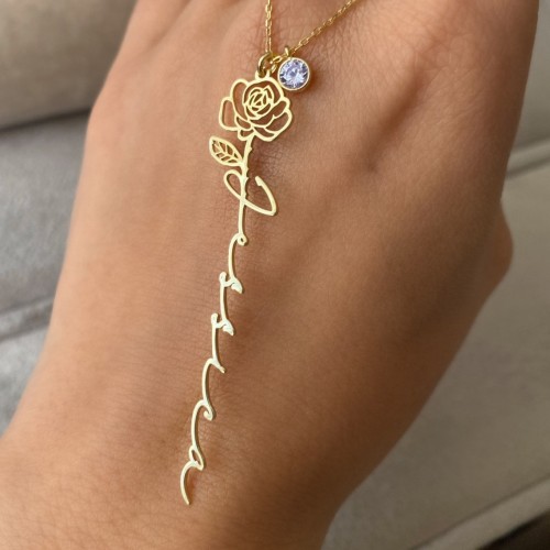 Glorria Kişiye Özel İsimli Doğum Çiçeği ve Doğum Taşlı Gümüş Kolye