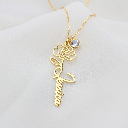 Glorria Kişiye Özel İsimli Doğum Çiçeği ve Doğum Taşlı Gümüş Kolye