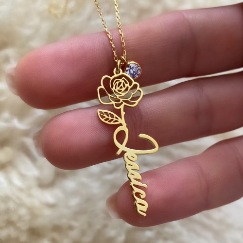 Glorria Kişiye Özel İsimli Doğum Çiçeği ve Doğum Taşlı Gümüş Kolye