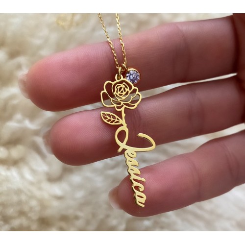 Glorria Kişiye Özel İsimli Doğum Çiçeği ve Doğum Taşlı Gümüş Kolye