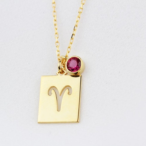 Glorria Kişiye Özel Doğum Taşlı Koç Burcu Gümüş Kolye