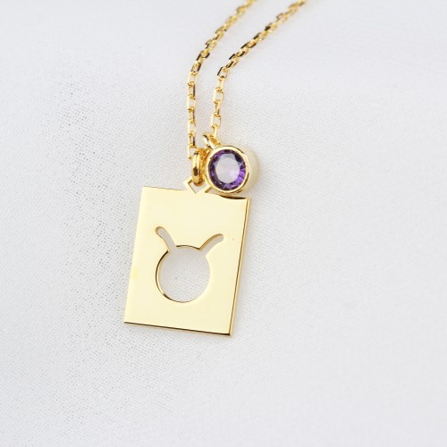 Glorria Kişiye Özel Doğum Taşlı Boğa Burcu Gümüş Kolye