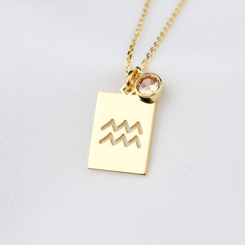 Glorria Kişiye Özel Doğum Taşlı Kova Burcu Gümüş Kolye