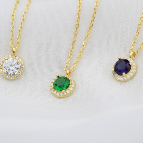 Glorria Kişiye Özel Doğum Taşlı Gümüş Yuvarlak Anturaj Kolye