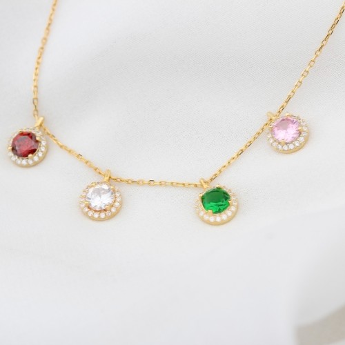 Glorria Kişiye Özel Doğum Taşlı Gümüş Yuvarlak Anturaj Kolye