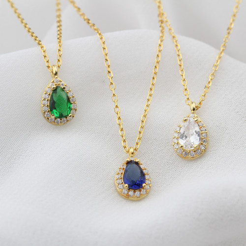 Glorria Kişiye Özel Doğum Taşlı Gümüş Damla Anturaj Kolye