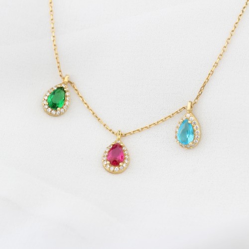 Glorria Kişiye Özel Doğum Taşlı Gümüş Damla Anturaj Kolye