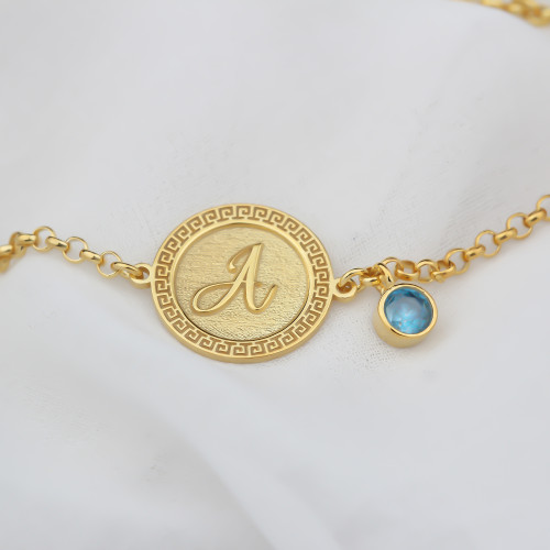 Glorria Kişiye Özel Gümüş Doğum Taşlı Plaka Harf Bileklik