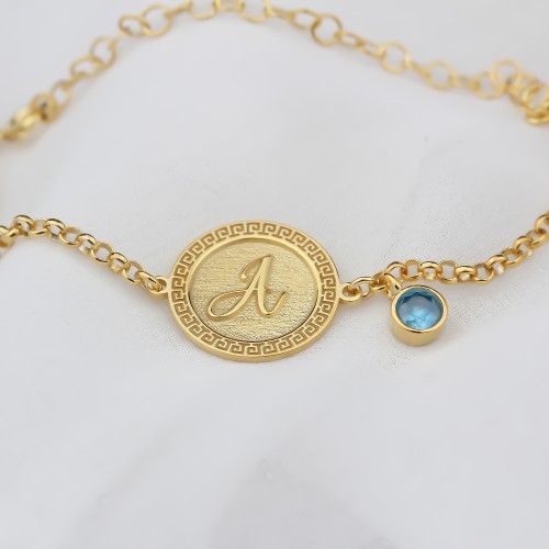 Glorria Kişiye Özel Gümüş Doğum Taşlı Plaka Harf Bileklik