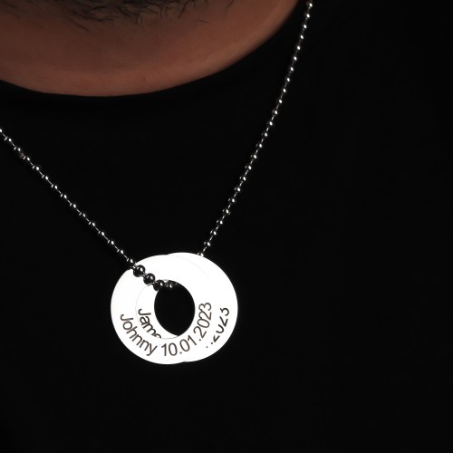 Glorria Erkek Kişiye Özel Çift Halka Top Zincirli Gümüş Kolye