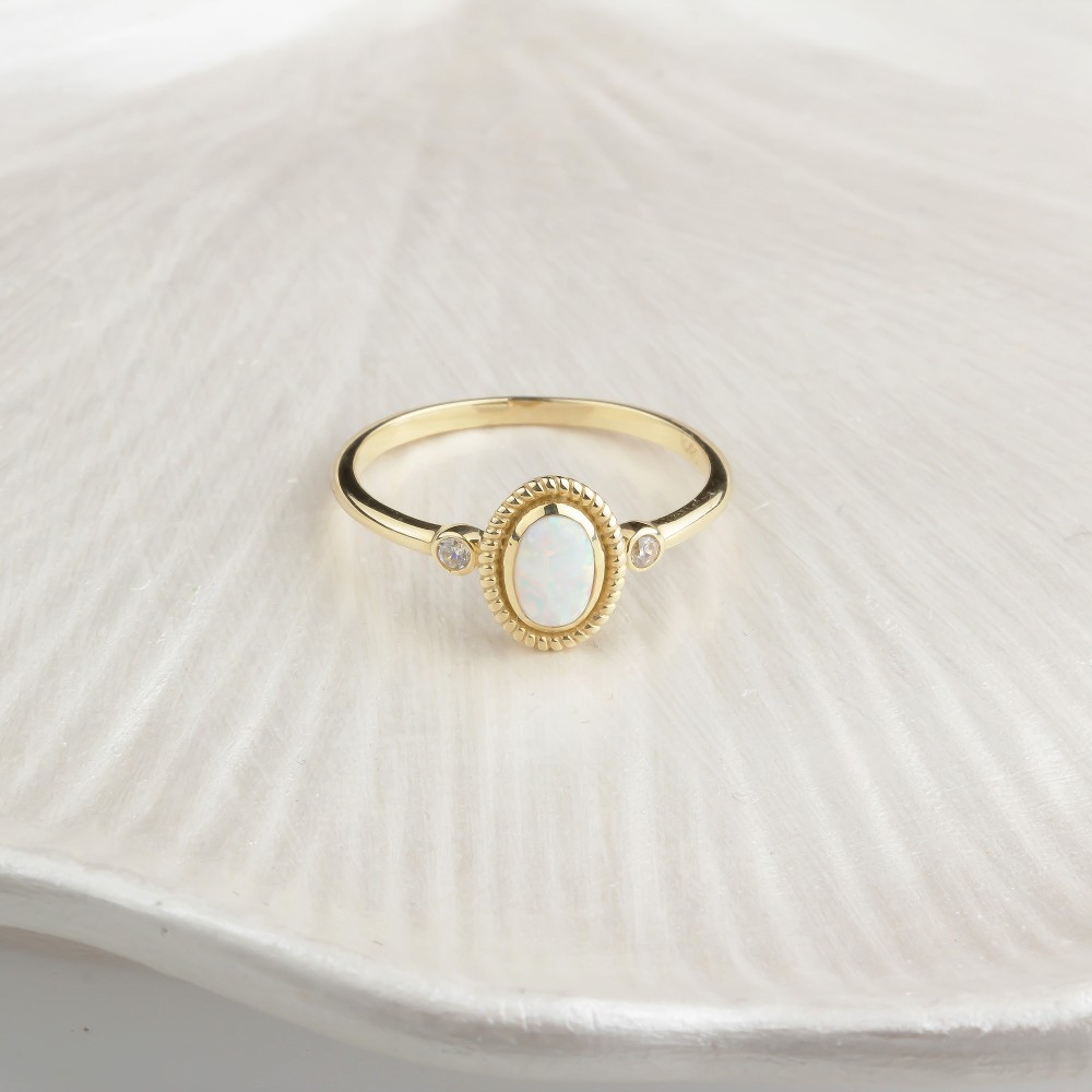 Glorria Altın Beyaz Opal Taşlı Retro Yüzük