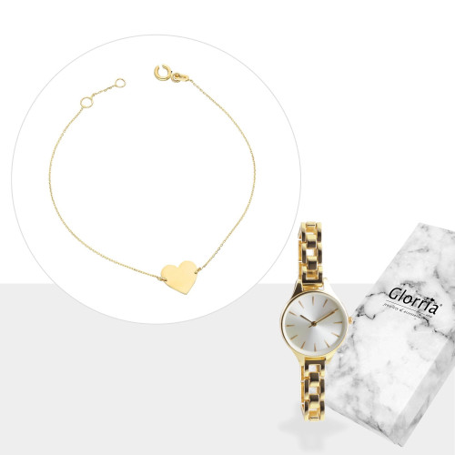 Glorria Altın Kalp Bileklik, Saat Hediye Seti - SV0152-HS
