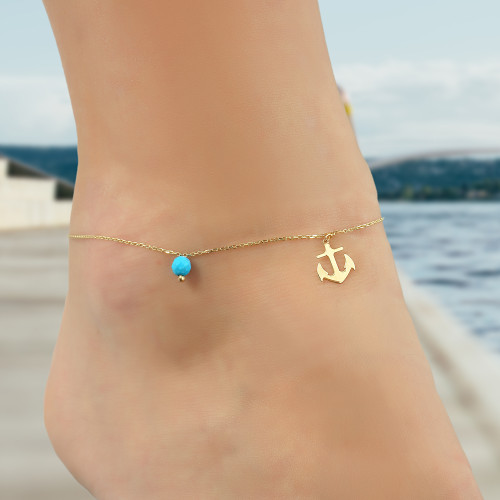 Glorria Altın Firuze Taşlı Çapa Halhal Glorria Altın Firuze Taşlı Çapa Halhal