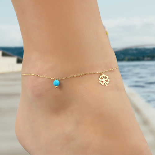 Glorria Altın Firuze Taşlı Yonca Halhal Glorria Altın Firuze Taşlı Yonca Halhal