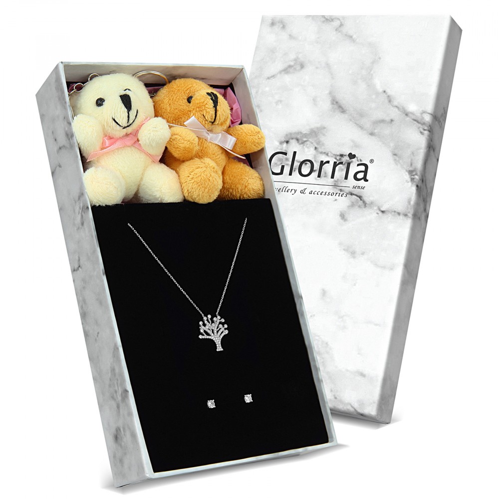 Glorria Gümüş Hayat Ağacı Kolye, Tektaş Küpe Hediye Seti - VK1030-HS Glorria Gümüş Hayat Ağacı Kolye, Tektaş Küpe Hediye Seti - VK1030-HS